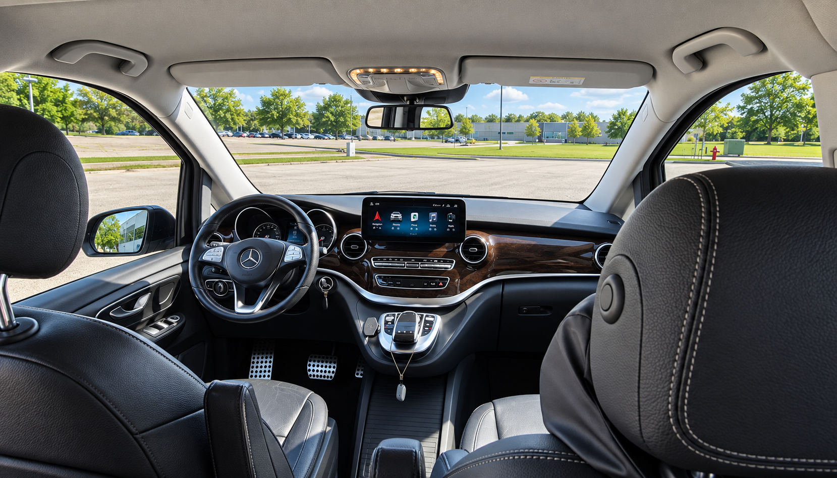 Mercedes V250 vairuotojo kabina su vairu, ekranu ir mediniais apdailos elementais